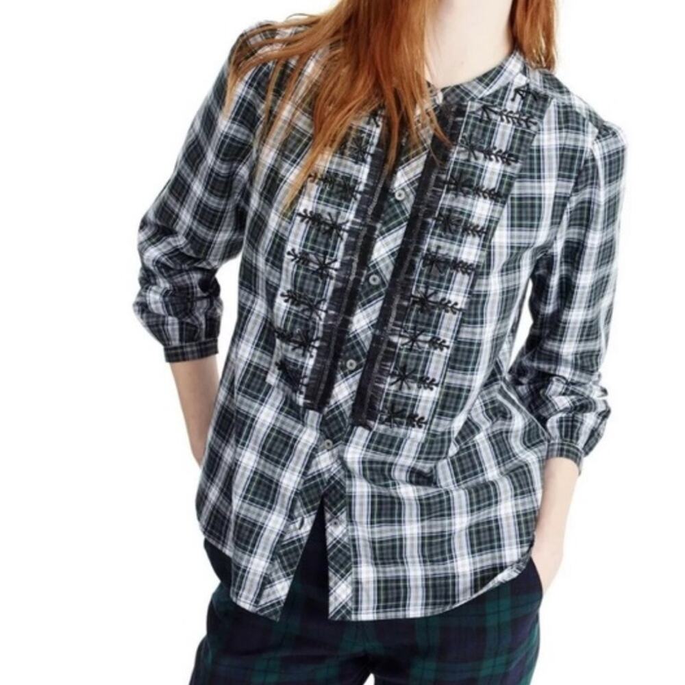 J crew green and blue plaid embellished top